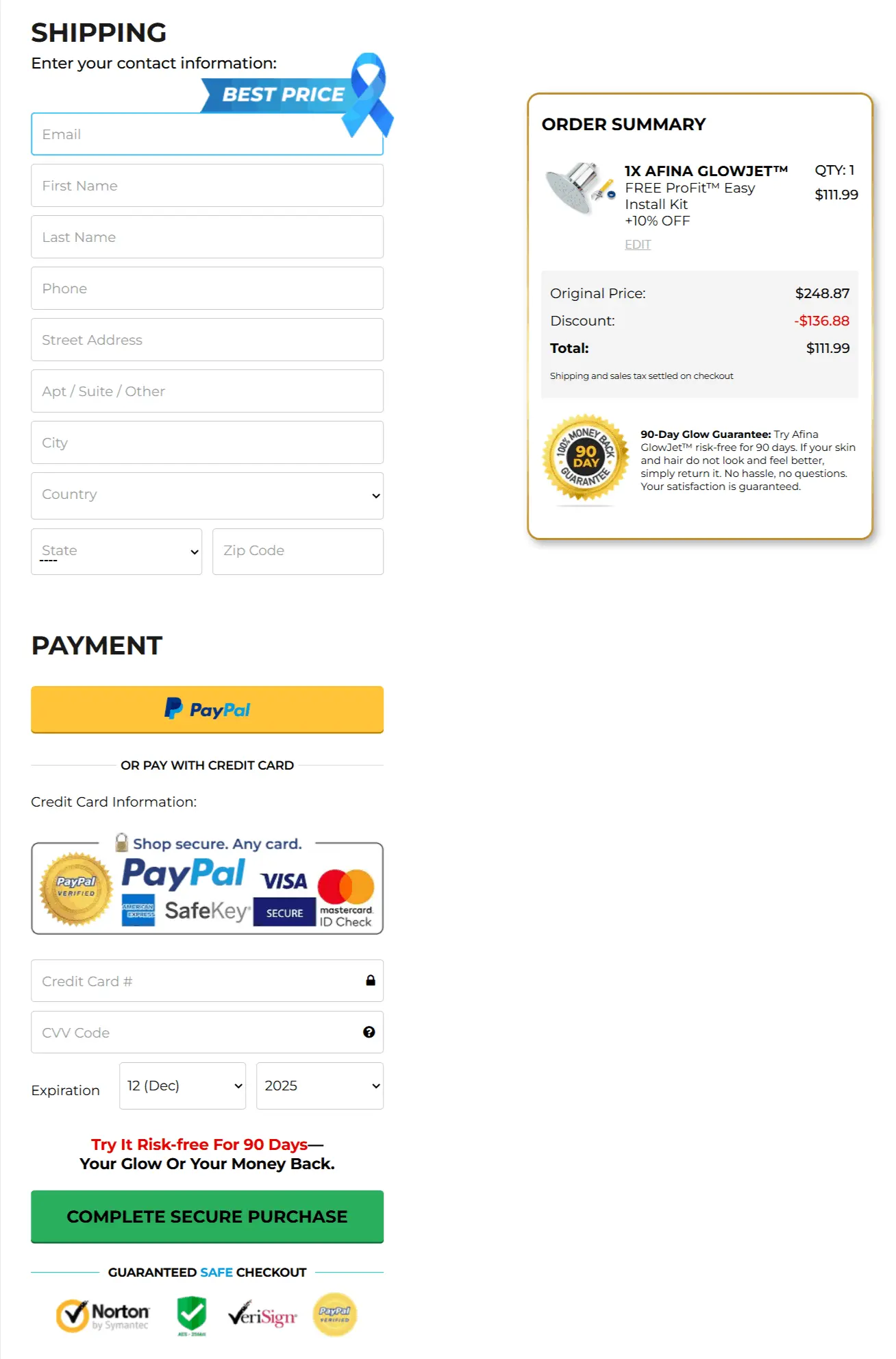 Afina Shower Head secure checkout page